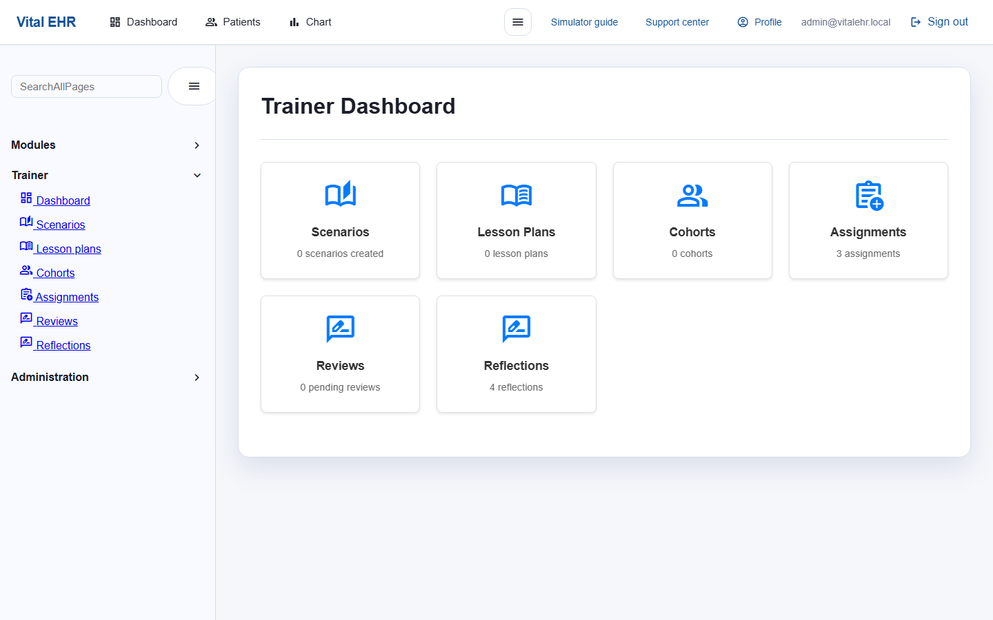 Vital EHR trainer dashboard