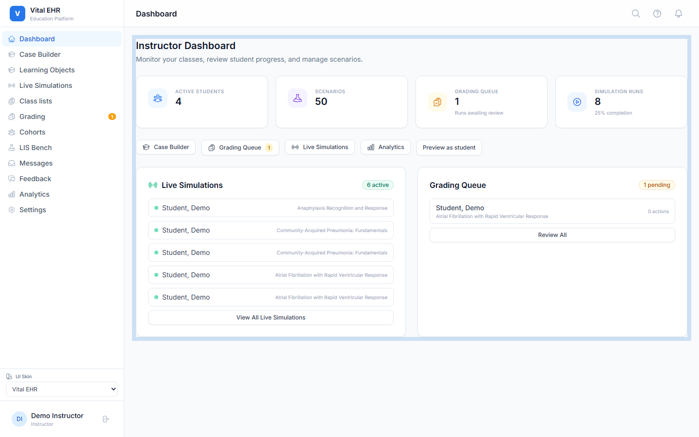 Vital EHR instructor dashboard with live simulations and a grading queue